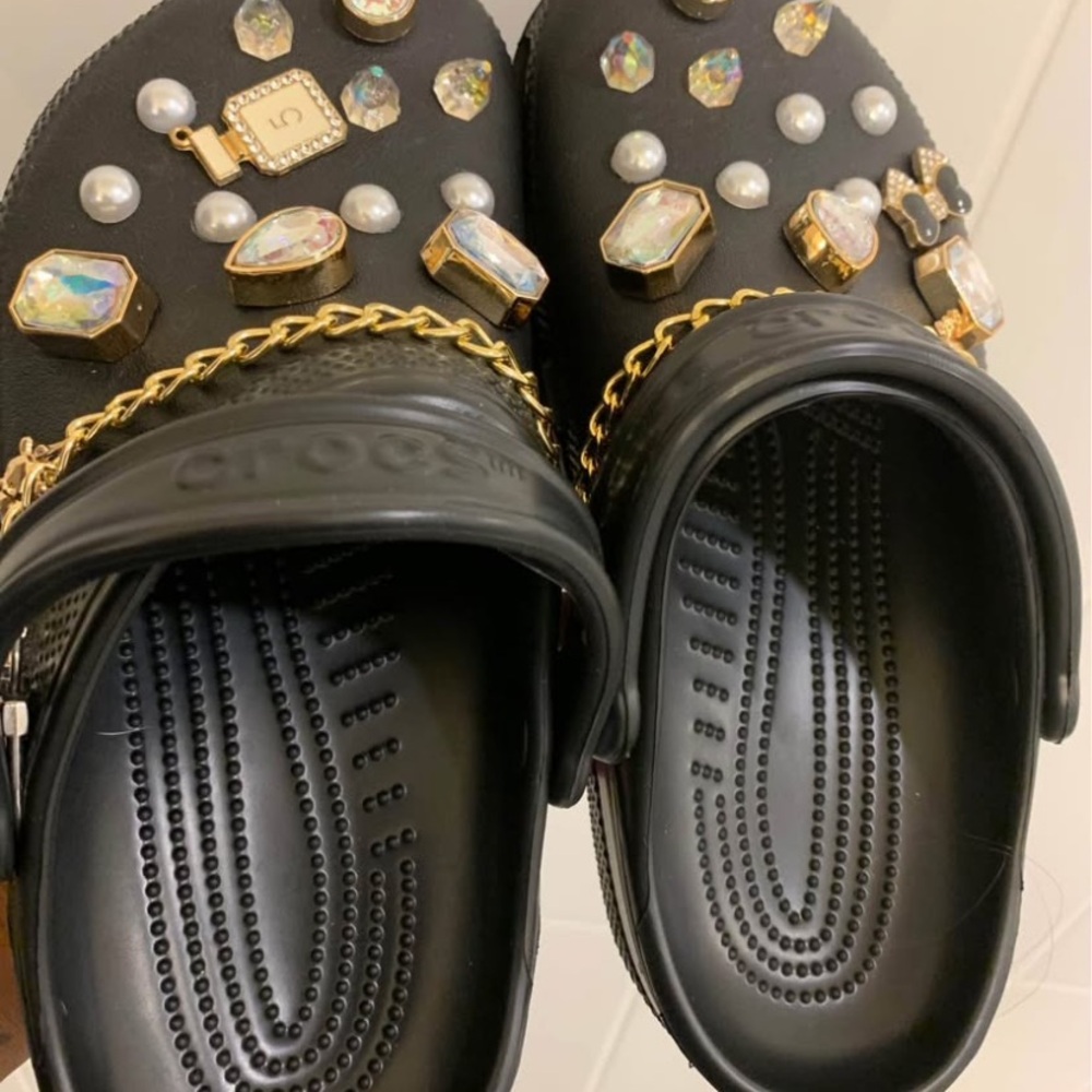 Brand New Black Customized CROCS with Jeweled Chains & Gems